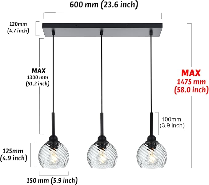 3 Light Linear Island Lights with Striped Swirl Globe Glass, Black Kitchen Hanging Pendant Light Fixture Farmhouse Chandelier for Dining Room Bar Living Room