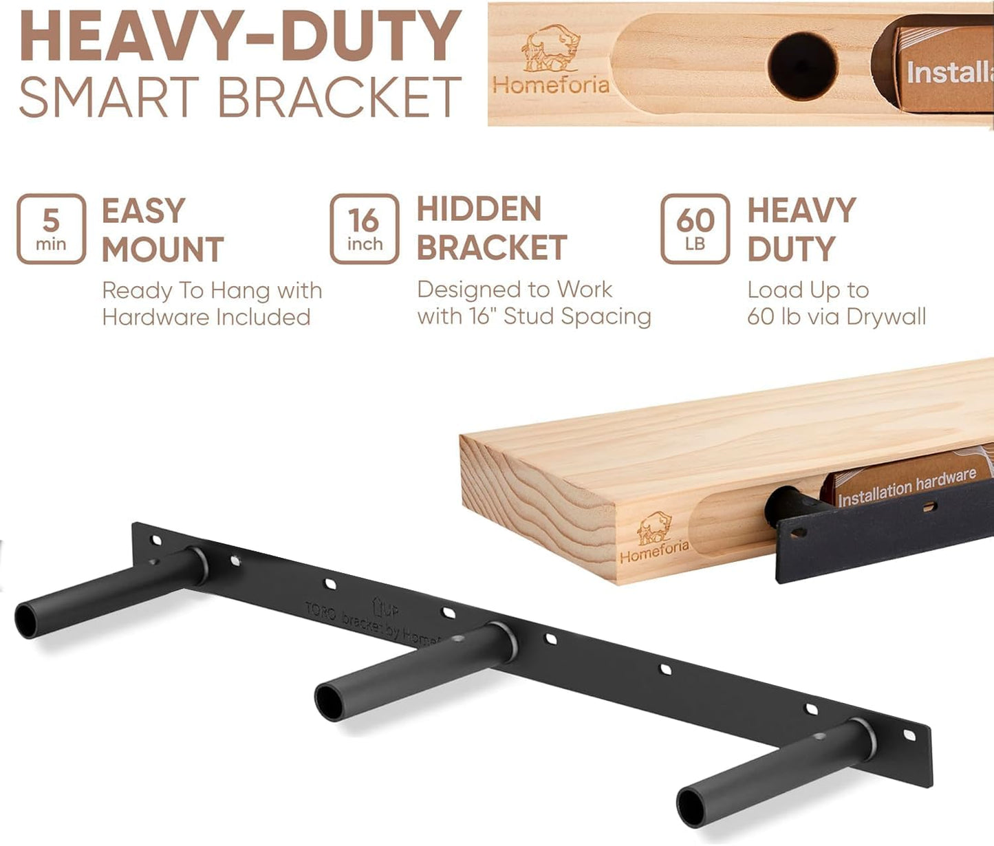 Homeforia Walnut 42 inch Floating Shelves, High End Solid Real Wood 42inch Floating Shelf for Wall, Large Dark Brown 42 inches Long Floating Shelves, Heavy Duty Bracket, 42 X 6.5 X 1.75 inch, Set of 2