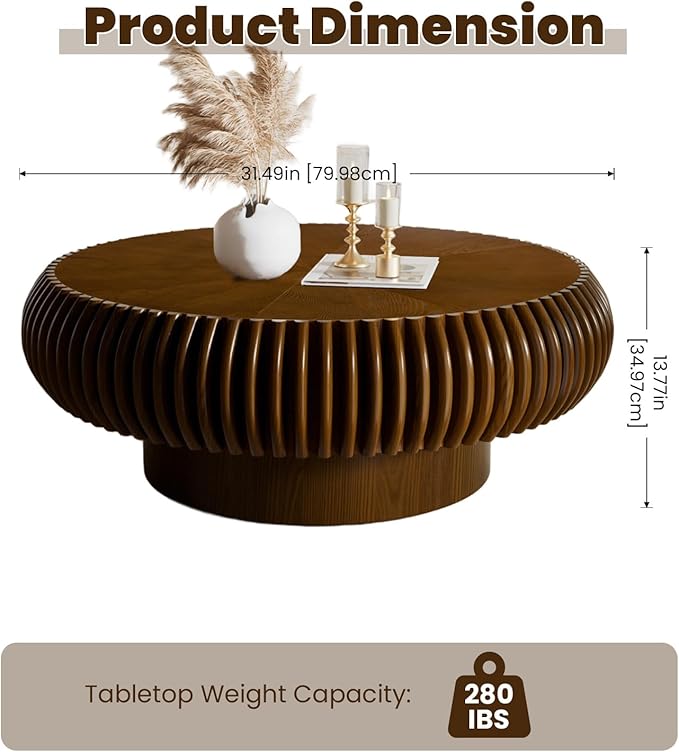 31.5" Drum Coffee Table Modern Unique Fluted Tea Table Contemporary Wood Round Coffee Table with Fluted Centry Table for Living Room Walnut (31.5" Walnut)