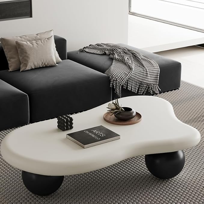 47.2” Cloud Coffee Table with 3 Ball Legs, Modern Lrregular Center Table for Living Room, Low Cute Small MDF Tea Table for Bedroom, Space Apartment-White Black
