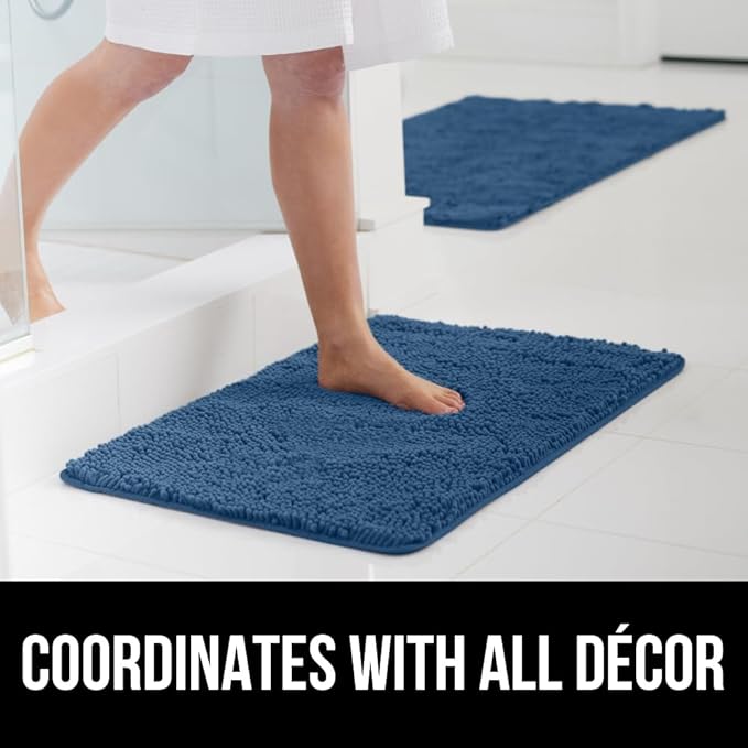 GORILLA GRIP Bath Rug Mat 48x17, Thick Soft Absorbent Chenille, Quick Dry Microfiber Mats, Rubber Backing Washable Shower Floor Rugs, Bathmat Runner, US Designed Bathroom Home Decor Accessories Blue