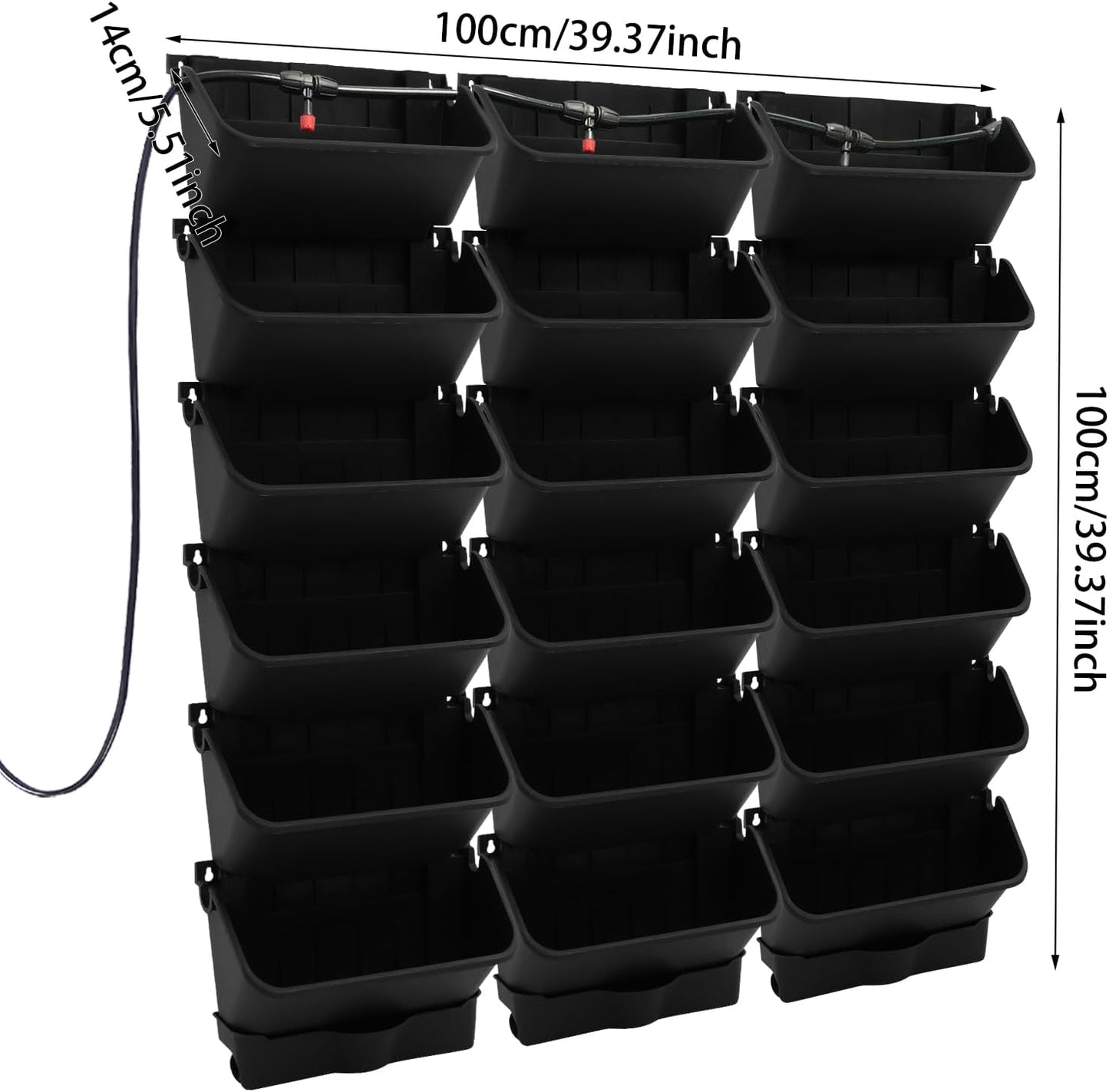 18 Pots Self-Watering Vertical Wall Planter, 39.4”L x 39.4”H Stackable Plastic Wall-Mounted Plant Grow Pots, Wall Hang Garden Planter Outdoor Indoor for Herbs Flowers Strawberries (Black)