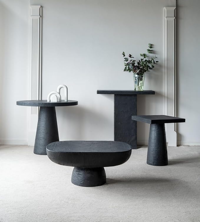 Oval Coffee Table Modern Faux Stone Circle Center Table Accent End Side Table for Living Room, Magnesium Oxide, 36" Black