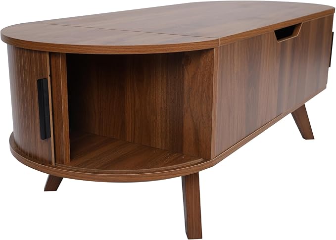 Small Lift Top Coffee Table with Sliding Tambour Door, 47.3" Mid Century Modern Curved Coffee Table with Storage, Oval Center Table with Lift Tabletop for Living Room (Doors, Walnut)