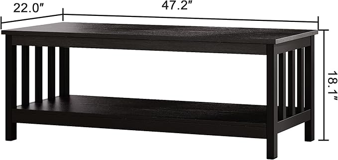 ChooChoo Mission Coffee Table, Black Wood Living Room Table with Shelf, 47 inch
