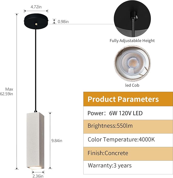 Concrete Linear Pendant Light,LED Industrial Hanging Cement Pendant Lighting Fixture for Kitchen Island Dinning Room Bedroom Bedside Table Small Pendant Lights