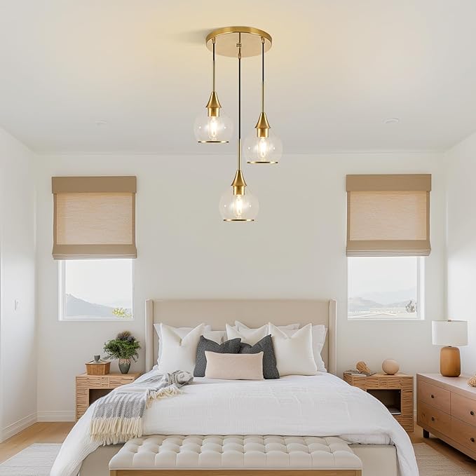 3-Light Island Light for Kitchen, Gold Kitchen Island Hanging Pendant Light, Brushed Gold Dining Room Light Fixture Over Table with Clear Round Glass Shades