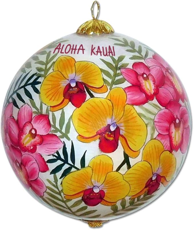 Lovely Hawaiian Orchid Ornament Collectible Hand-Painted Glass with Gift Box LO/K