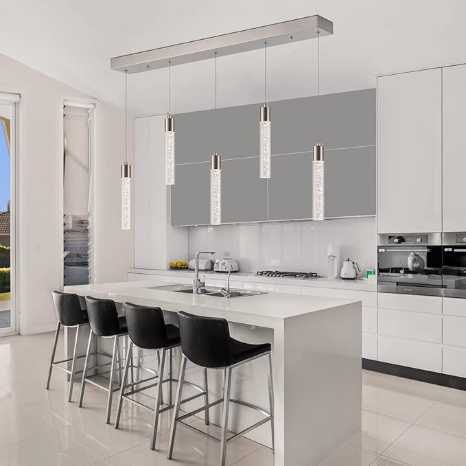 Pendant Light Kitchen Island with Remote Control - Brushed Nickel Adjustable Height Kitchen Island Light, 3000K/4000K/6000K Dimmable LED Handing Light for Dining Room, Bar, Hallway