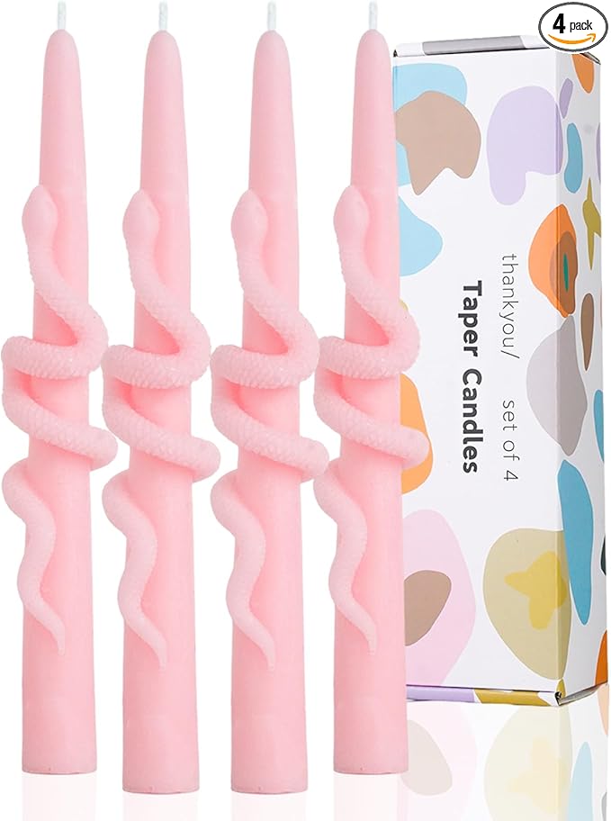 Pink Taper Candle Candlestick Snake Soy Candles Unscented Wedding Party Wax Unscented Dinner Candle Dripless,8 inch,Set of 4,Snake