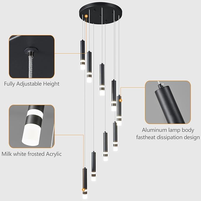 9-Light Modern Pendant Light Fixture Dimmable LED 54W Black Staircase Large Chandelier Lobby Living Room Bedroom Foyer High Ceiling Chandelier