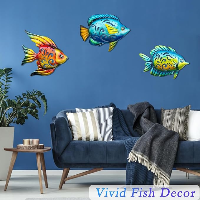 Weibefee Coastal Wall Decor, Ocean Sea Metal Fish Wall Christmas Decor, Hanging Wall Art Christmas Decorations Gift for Indoor Outdoor, Beach Nautical Tropical Fish Wall Sculpture for Pool Bathroom Bedroom Patio