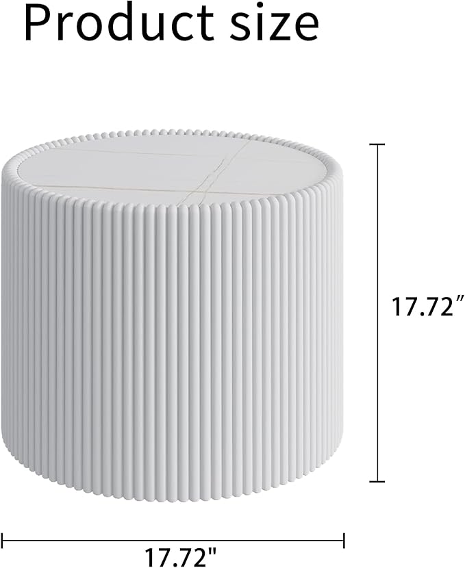 17.71" White Round Coffee Table, Drum Coffee Table with Sintered Stone Tabletop and Fluted PU Leather Covered and Stable Base, Circle Cocktail Tea Table for Living Room