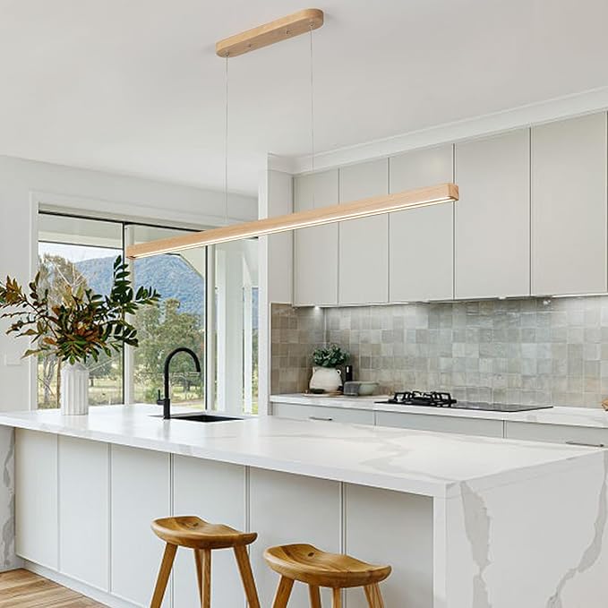 59" Natural Wood LED Linear Pendant Light Fixture 40W Led Dining Room Light Dimmable Hanging Light Fixture for Dining Room Kitchen Island Pool Table Lights Natural Wood Color