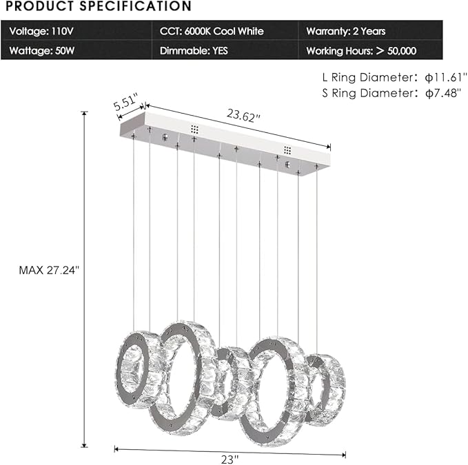 Buccleuch 5-Ring Crystal Chandelier, Height Adjustable UL-Certified Dimmable LED Pendant Light, Stainless Steel K9 Crystal Ceiling Light for Dining Room Living Room Bedroom, 6000K 4400lm