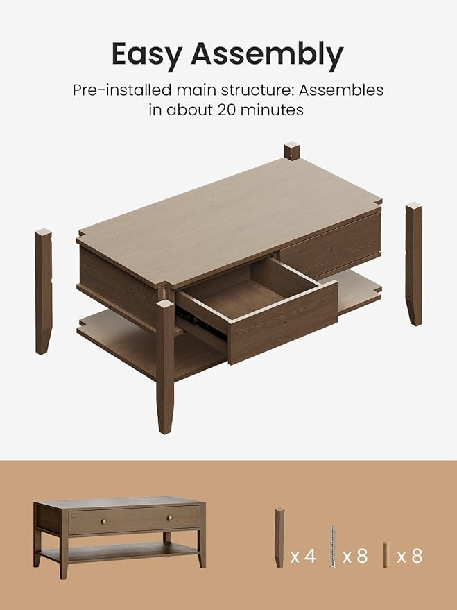 42" Farmhouse Coffee Table with Storage, Solid Wood Coffee Table for Living Room, Rectangle Coffee Table Center Table for Home Office Apartment, Easy to Assemble, Walnut