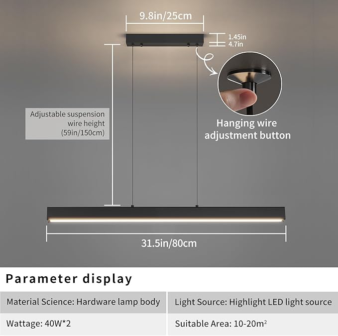 Linear Pendant Light Fixtures, 20W LED Island Lights with Remote, 31" Modern Pendant Light for Kitchen Island Dining Room Billiard Room Office Bar, 3000k-6000k Dimmable, Black