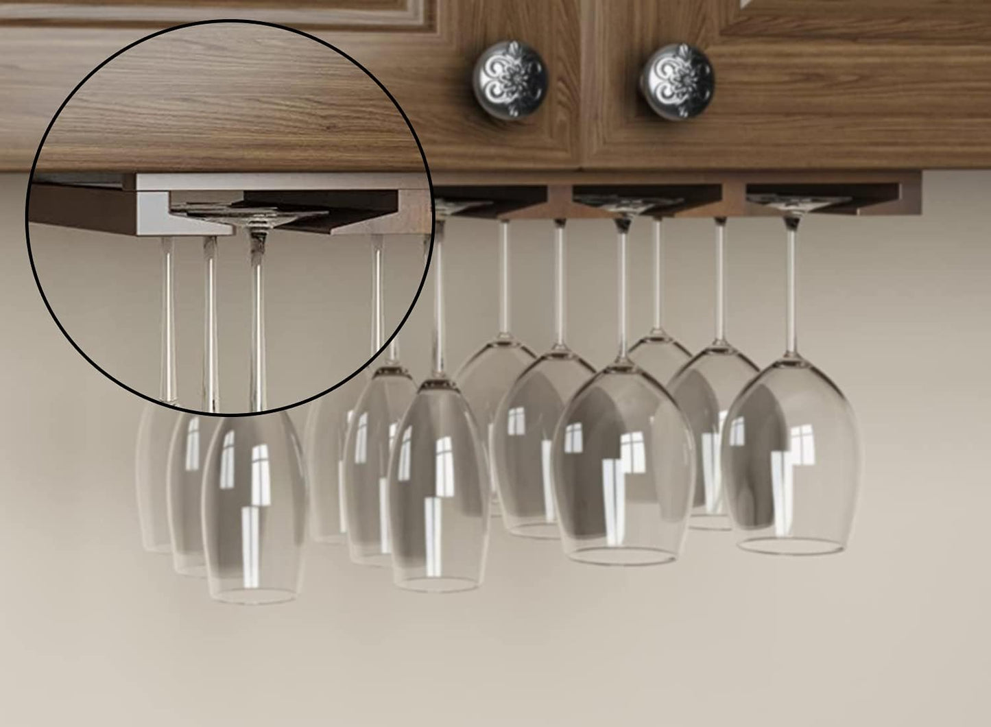 Rustic State Eze 4 Sectional Wood Under Cabinet Wine Glass Holder Wine Glass Rack Hanging Shelf Stemware Bar Organizer - 12 Wine Glass Storage - 10 Inch Deep - Chestnut Stained