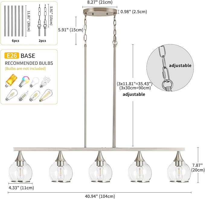 Island Light for Kitchen, 5-Light Brushed Nickel Kitchen Island Linear Hanging Pendant Chandeliers, Brushed Nickel Dining Room Light Fixture Over Table with Clear Round Glass Shades