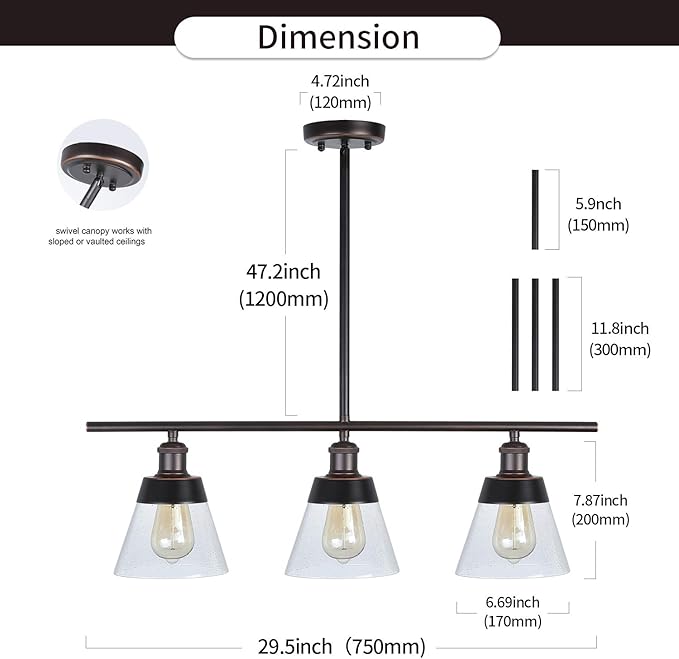 Rustic Glass Kitchen Island Lighting, Clear Seeded Glass Linear Chandelier, 3 Lights Adjustable Rod Industrial Pendant Light Fixture for Kitchen Island Dining Room Farmhouse, Oil Rubbed Bronze