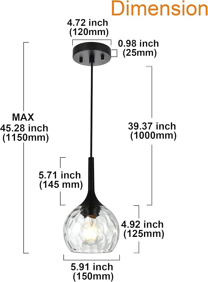VINLUZ 2 Pack Classic Pendant Light with Round Ribbed Glass Shade, Ceiling Hanging Kitchen Island Chandelier in Black Metal Finish for Dining Room