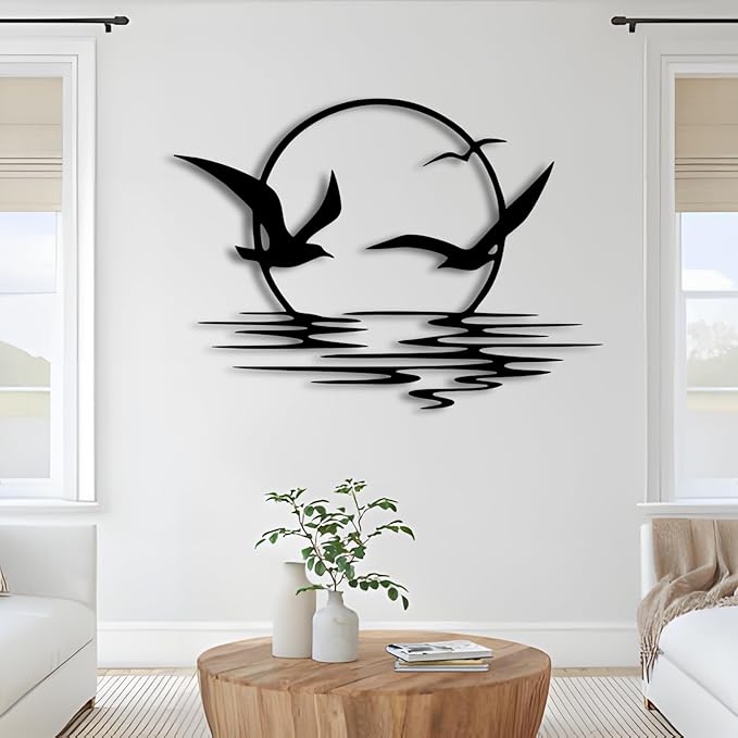 kuestboy Metal Wall Art of Sunrise and Seagulls, Modern Coastal Sculpture for Living Room, Bedroom, Office Decor，Black Wall Decor (24" X 17" | 60 X 43cm)
