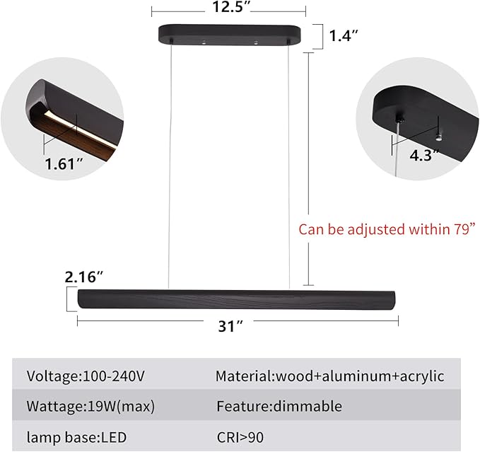 Modern Linear LED Chandelier, 31" Wall-Dimmable Pendant Light Kitchen Island Light with Wood & Aluminum, 19W LED Pendant Light for Dining Room, Office, 100-240V, CRI>90 Black