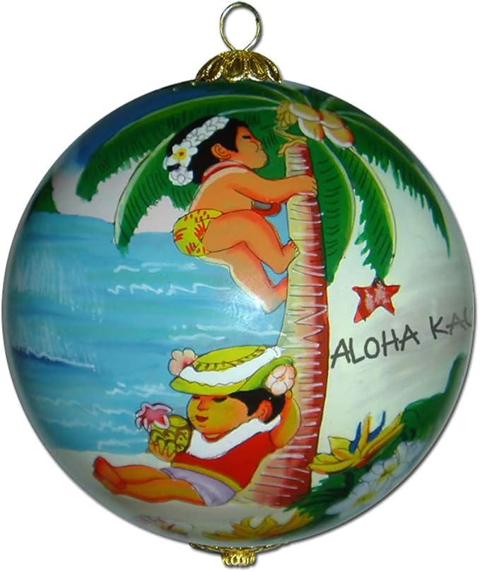 Adorable Hula Kids Collectible Ornament Aloha Kauai Hand Painted Glass with Gift Box CP/K