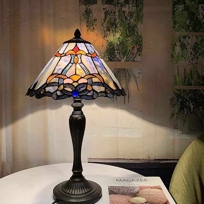 Bieye L10683 Baroque Tiffany Style Stained Glass Table Lamp Night Light with 12 Inch Wide Blue Lampshade for Bedside Bedroom Living Room, 20 inch Tall