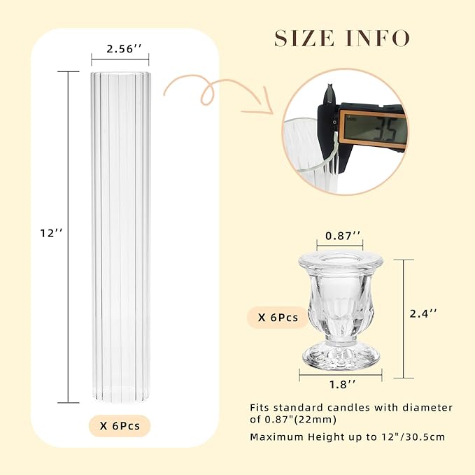 CHILL RECIPE Glass Hurricane Candlestick Holders Ribbed 14" Tall Cylinder Candle Holder Chimney Tube, Floral Taper Crystal Candle Stick Holder for Birthday Wedding Christmas Home Decor(1 Set 6Pcs)