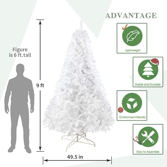 BESTHLS 9 feet White Christmas Tree Artificial Pine Christmas Tree with Metal Stand and Ribbon Decorations 1850 Branch Tips for Indoor Outdoor （9ft White）