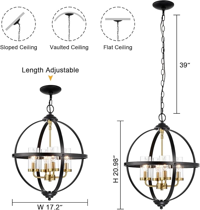 Treekee Rustic Chandelier, 17" Black and Gold Finish Glass Cover Luxurious Hanging Light, 4-Light Globe Vintage Pendant Ceiling Light Fixtures for Living Room Entry Way Dining Room