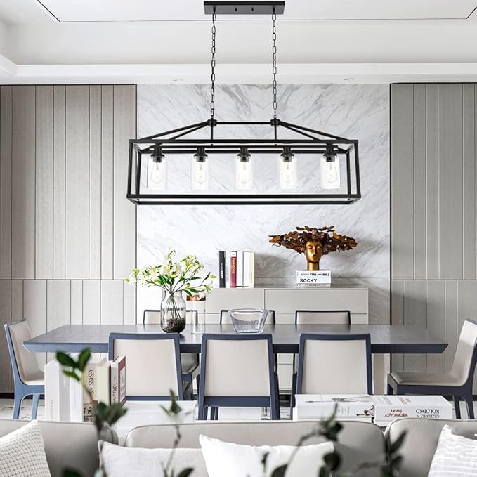 BONLICHT Kitchen Island Lighting 5 Light Modern Farmhouse Metal Cage Chandeliers with Clear Glass Shade Black Industrial Rectangle Dining Room Light Fixture Hanging Pendant Lamp for Foyer Bar Entryway