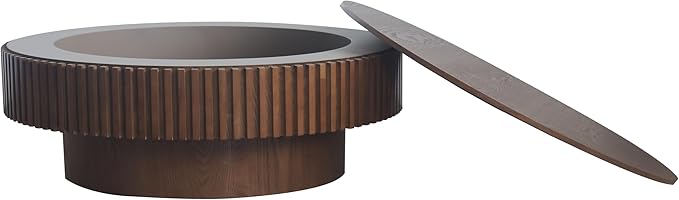 39" Round Coffee Table with Hidden Storage Compartment, Modern Handcraft Fluted Drum Coffee Table, Wooden Circle Center Table Cocktail Tea Table with Sturdy Pedestal for Living Room, Walnut