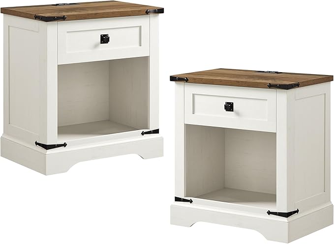 T4TREAM 24" Farmhouse Nightstand with Charging Station Set of 2, Large End Table with Drawer and Open Storage Cabinet, Rustic Wood Bedside Table Sofa Table for Bedroom, Antique White