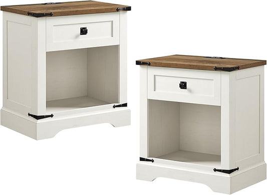 T4TREAM 24" Farmhouse Nightstand with Charging Station Set of 2, Large End Table with Drawer and Open Storage Cabinet, Rustic Wood Bedside Table Sofa Table for Bedroom, Antique White