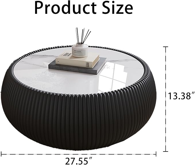 27.55" Black Round Coffee Table, Drum Coffee Table with Sintered Stone Tabletop and Fluted PU Leather Covered and Stable Base, Circle Cocktail Tea Table for Living Room