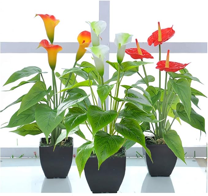 Artificial Flower Calla Lily Faux Small Potted Plant with Black Pot Fake Bonsai Flower for Home, Office, Indoor and Outdoor Occasions Decor (Red Fake Flower)