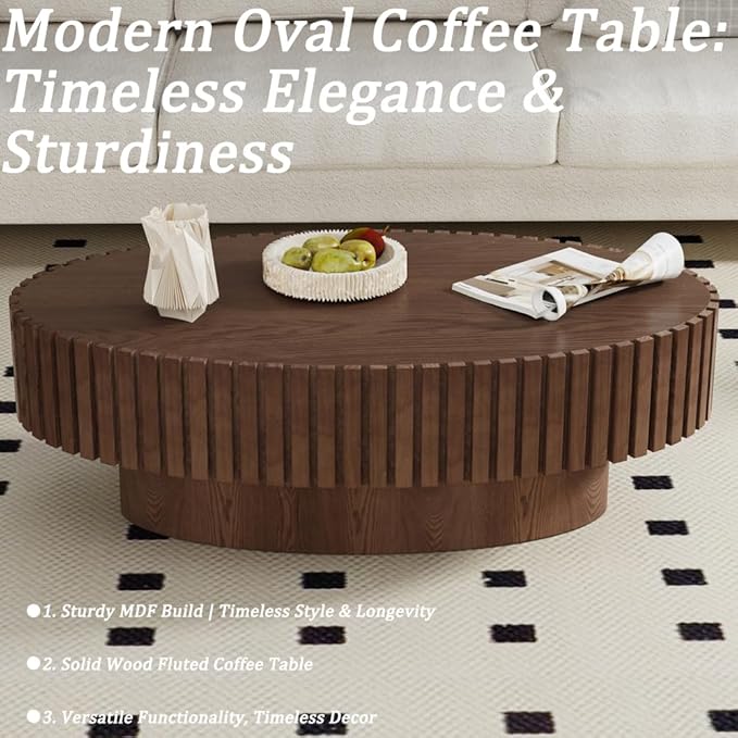 43.3” Oval Coffee Table Modern Fluted Coffee Table Handcrafted Relief Center Table with Sturdy Pedestal Mid Century Modern Center Table Tea Table for Living Room Apartment (Dark Brown)