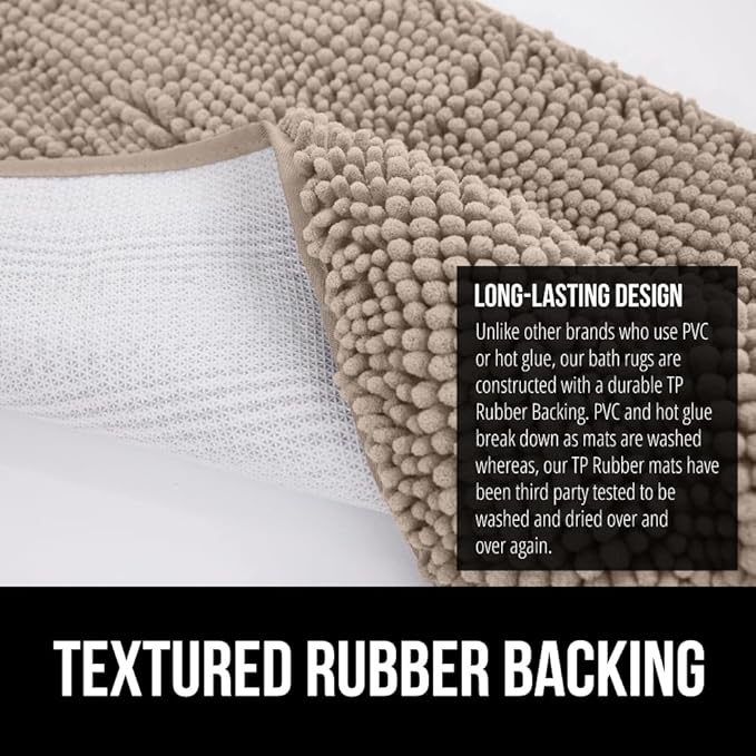GORILLA GRIP Bath Rug Mat 44x26, Thick Absorbent Chenille, Quick Dry Microfiber Mats, Rubber Backing Washable Shower Floor Rugs, Bathmat Runner, US Designed Bathroom Home Decor Accessories Gray Beige