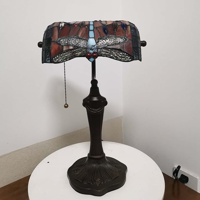 Bieye L10057 Dragonfly Tiffany Style Stained Glass Bankers Desk Lamp Table Lamp for Reading Working Home Decoration, 10" W x 16" H (Red)