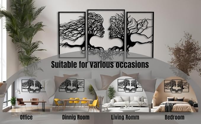 VAILLA Tree of Life Wall Wooden Art Abstract Tree Man Woman Face Large 3D Wooden Wall Decor Set of 3 Hanging Sculpture Modern Home Decoration 3D Textured Sculptures for Living Room Bedroom Office Dinnig Room (71"L x 39"W)