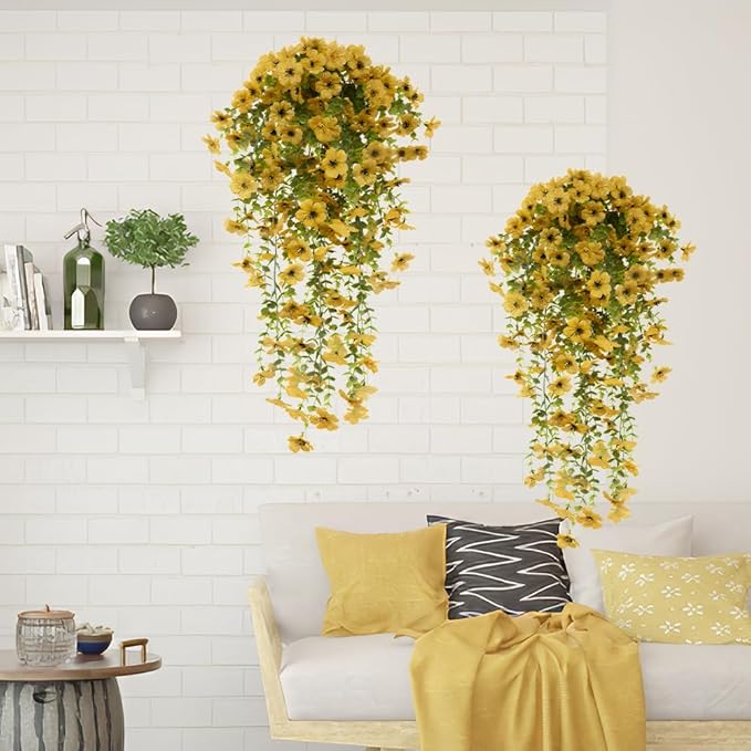 EROCK Artificial Flowers for Outdoors, 4PCS Fake Silk Hanging Flowers for Decoration UV & Fading Resistant, Realistic Faux Plants & Flowers for Porch Patio Balcony Window Box Home Decor (Yellow)