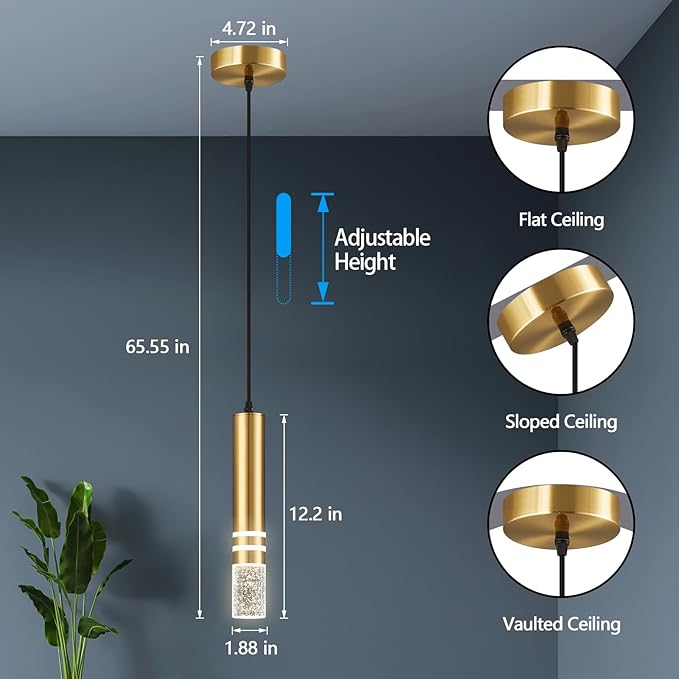 Pendant Lights Kitchen Island, Crystal Pendant Light Fixtures Mini 6W LED Modern Kitchen Pendant Lighting Over Sink and Living Room and Bedroom (Gold 1 Pack)