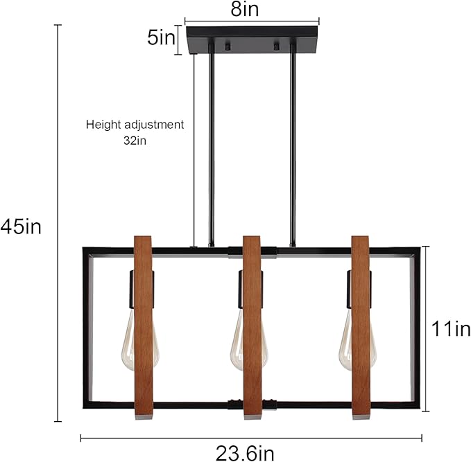 3-Light Island Lights for Kitchen, Rectangular Wood and Black Metal Kitchen Island Chandelier 23.6" Adjustable Rustic Modern Dining Room Light Fixtures Over Table, Chandeliers for Dining Room