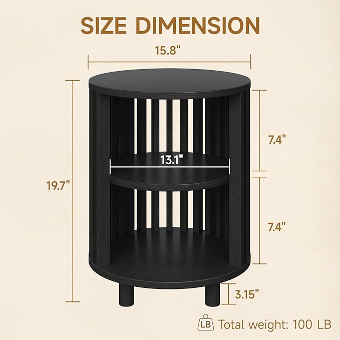 Round End Table, Wood Bedside Table, Mid Century Modern Nightstand with Open Storage Shelf, 3 Tier Small Side Tables for Living Room, Bedroom, Curved Profile Design, Black(2-Pack)