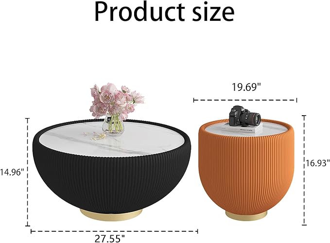 Round Living Room Table Set, 27.56" Black Drum Center Table and 19.69" Orange Coffee Table Set, 2 Pieces Coffee Table Set with Sintered Stone Tabletop, Fluted PU Leather Covered and Metal Base