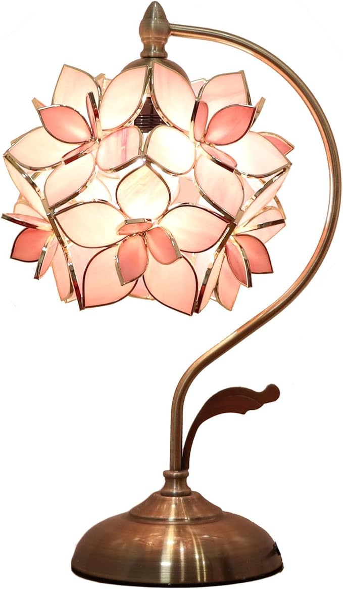 Bieye L11008 Tiffany Style Stained Glass Flower Petal Table Lamp with Brass Base for Home Décor (Amber, 8" Rose Lily)