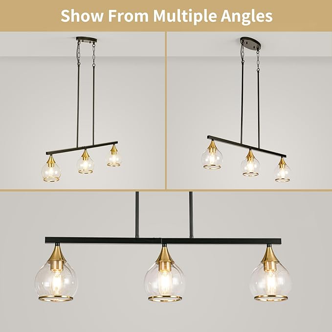 Island Light for Kitchen, 3-Light Black and Gold Kitchen Island Farmhouse Linear Hanging Pendant Chandeliers, Matte Black Dining Room Light Fixture Over Table with Clear Round Glass Shades