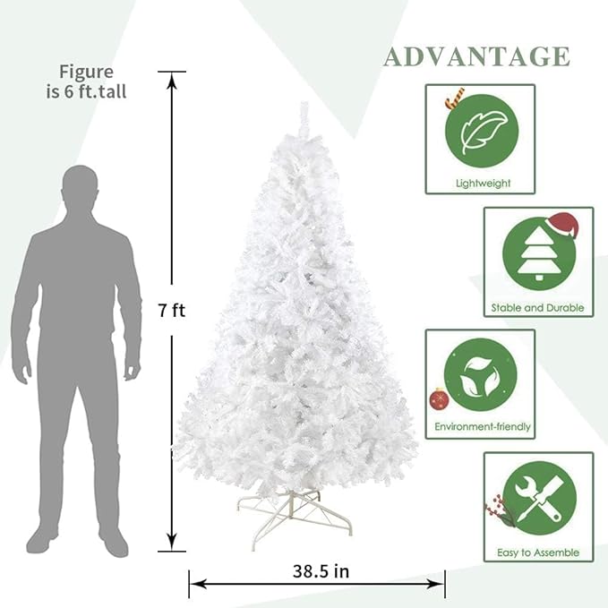 BESTHLS 7 FT White Christmas Tree Artificial Christmas Tree Pine for Holiday Decoration with Metal Stand and 1100 Branch Tips (7 Feet)